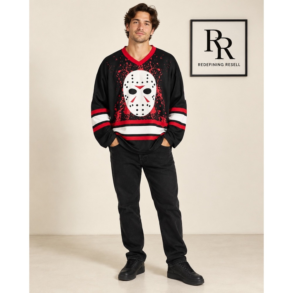 Friday the 13th Jason Voorhees Hockey Jersey XL Black Red Horror Movie 01405612